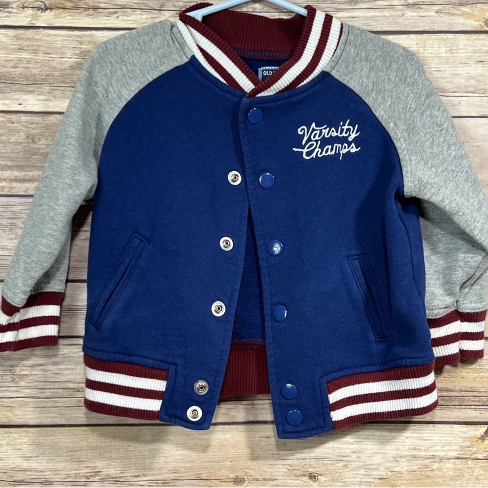 Old Navy Boys Varsity Champs Jacket Blue Gray 18-24M Snap Front Bomber Fall Coat